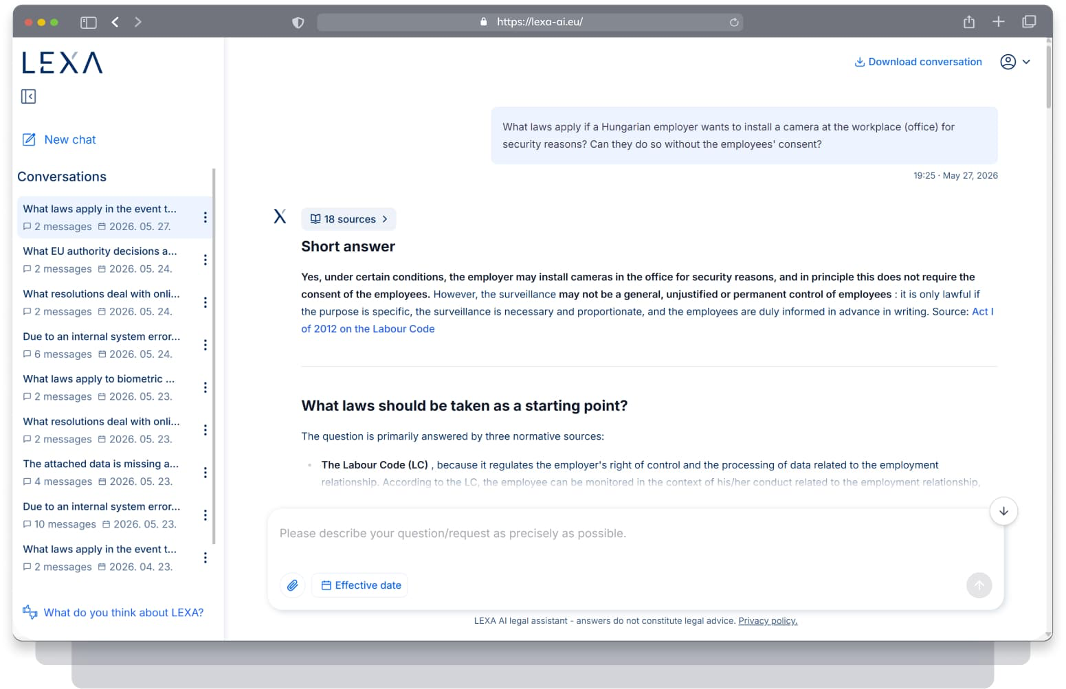 LEXA answer interface with source references
