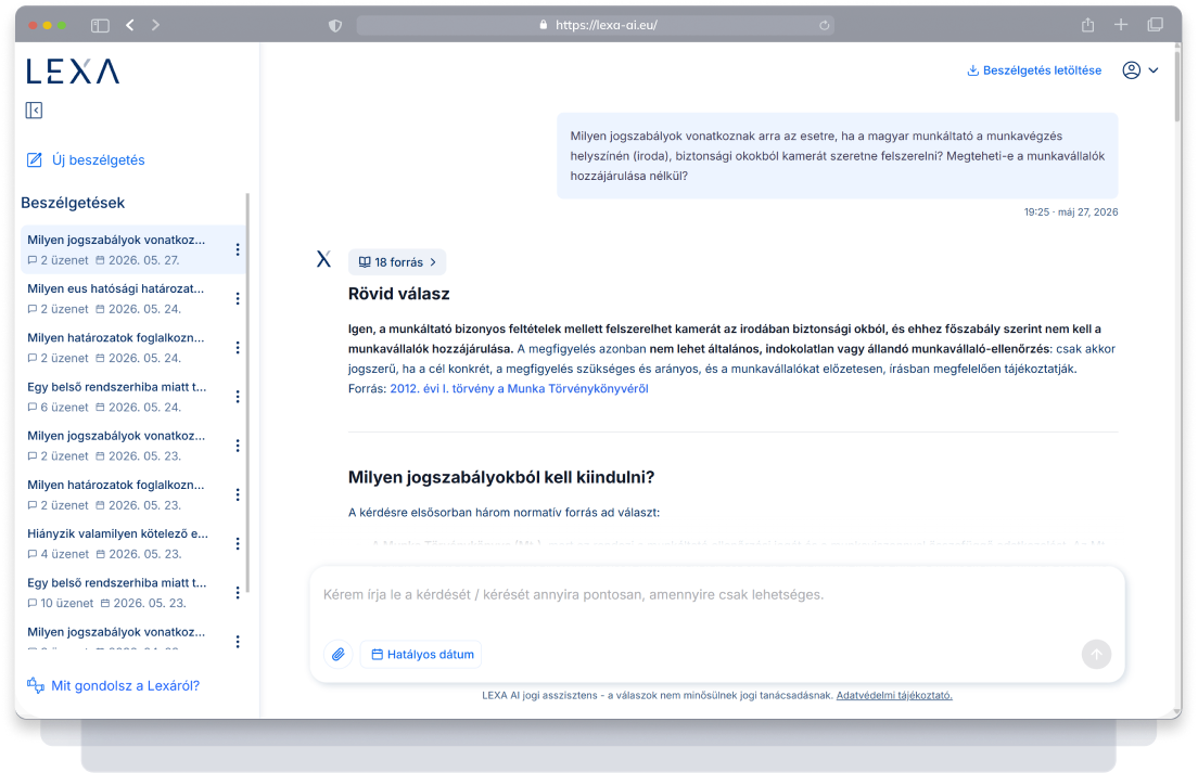 LEXA válasz felülete forráshivatkozásokkal