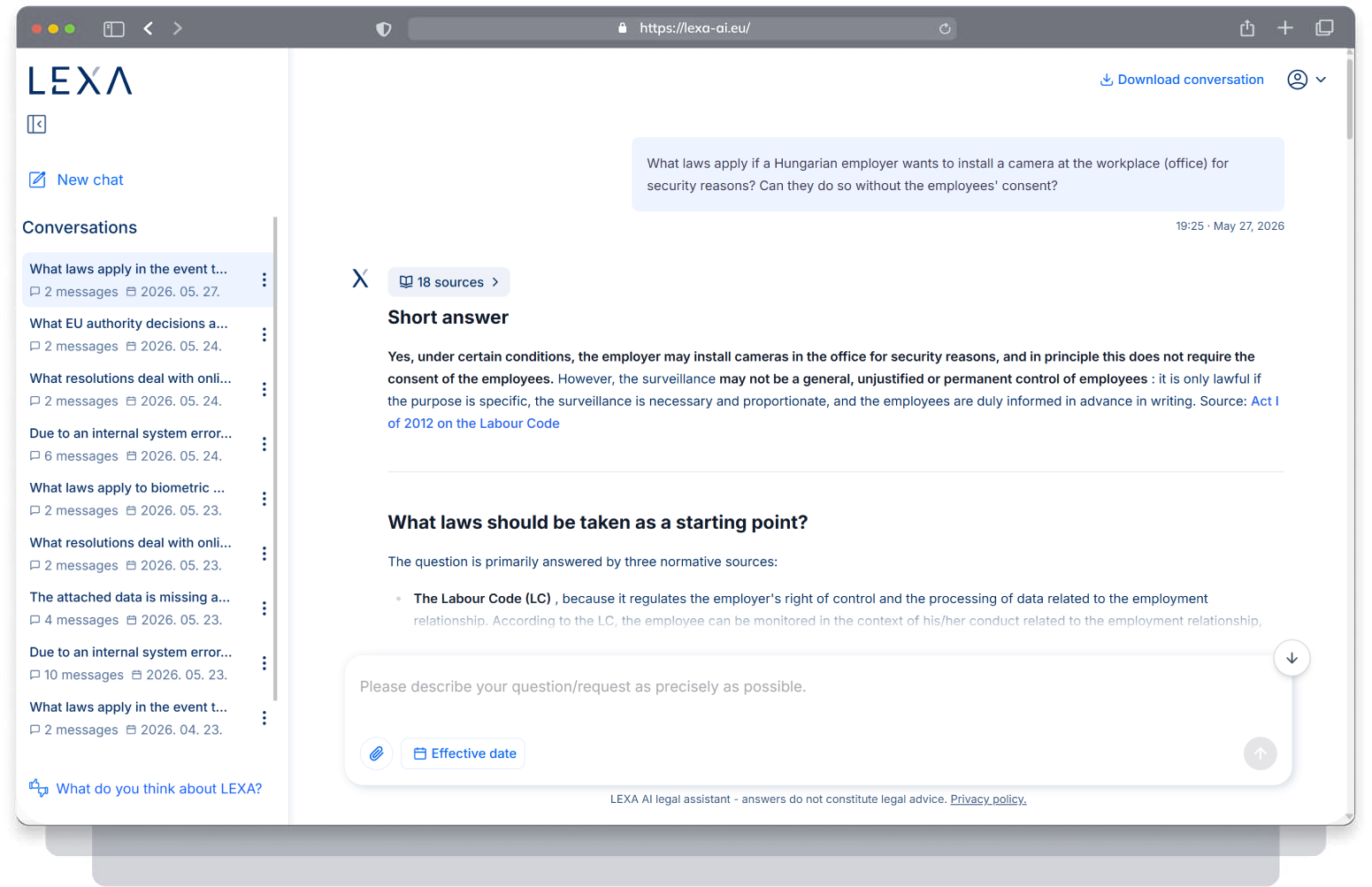 LEXA answer interface with source references